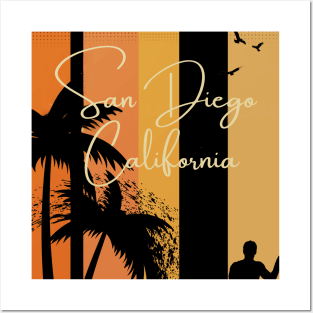 San Diego California palm tree surfer design Posters and Art